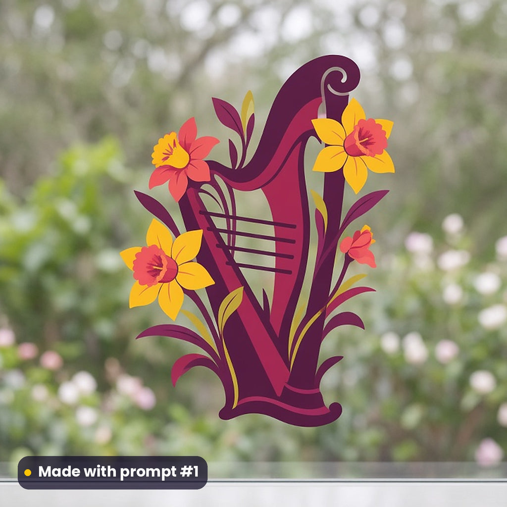 St David's Day artwork printed on a UV DTF decal on glass: ornate triple harp with daffodils twined round its pillar, minimal bold graphic style, made with prompt #1 from this pack