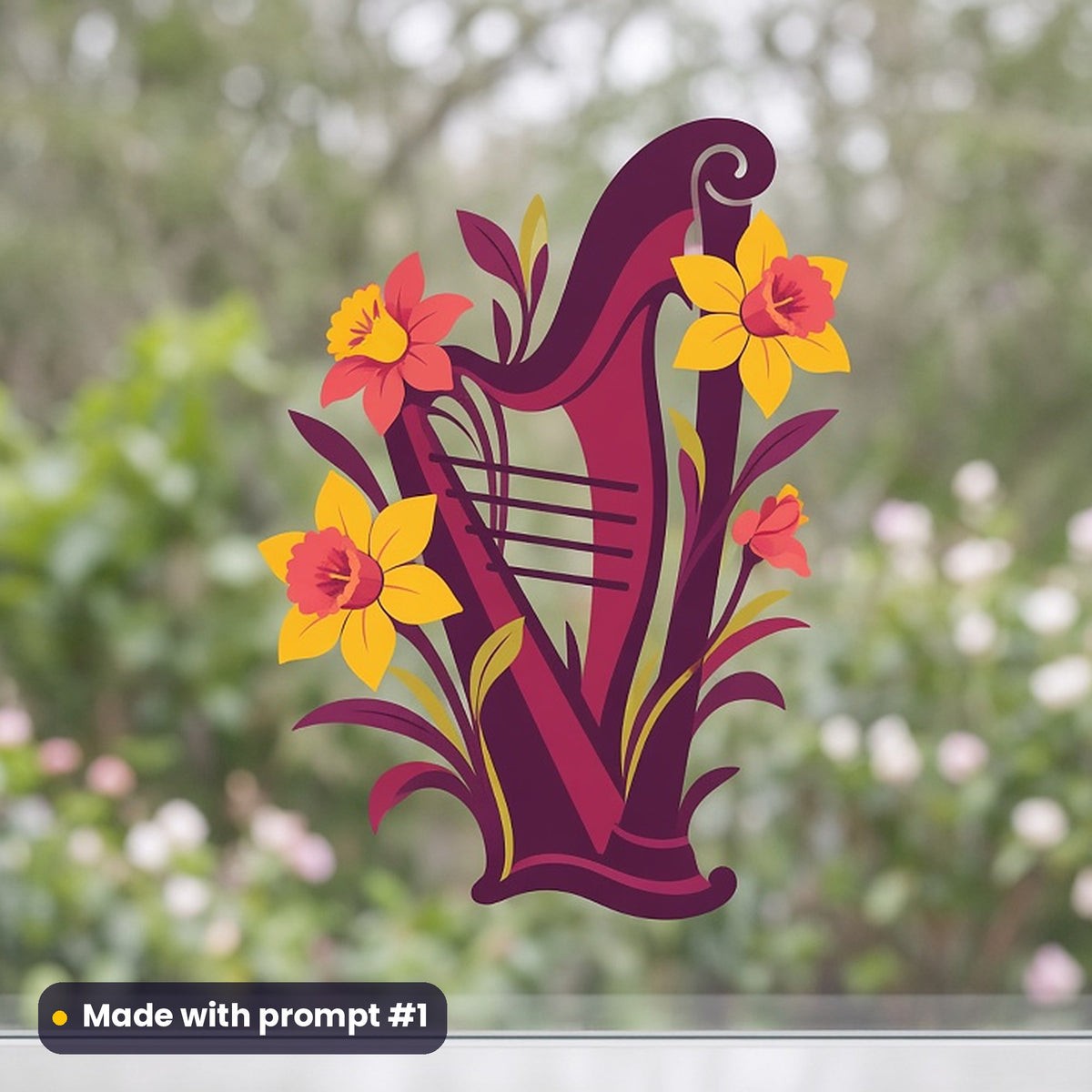 St David's Day artwork printed on a UV DTF decal on glass: ornate triple harp with daffodils twined round its pillar, minimal bold graphic style, made with prompt #1 from this pack
