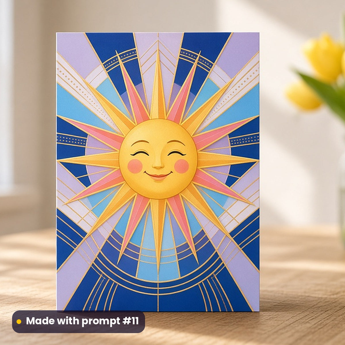 International Day of Happiness artwork printed on a flat-printed greeting card: smiling sun with rays of rainbow colours, art deco style, made with prompt #11 from this pack
