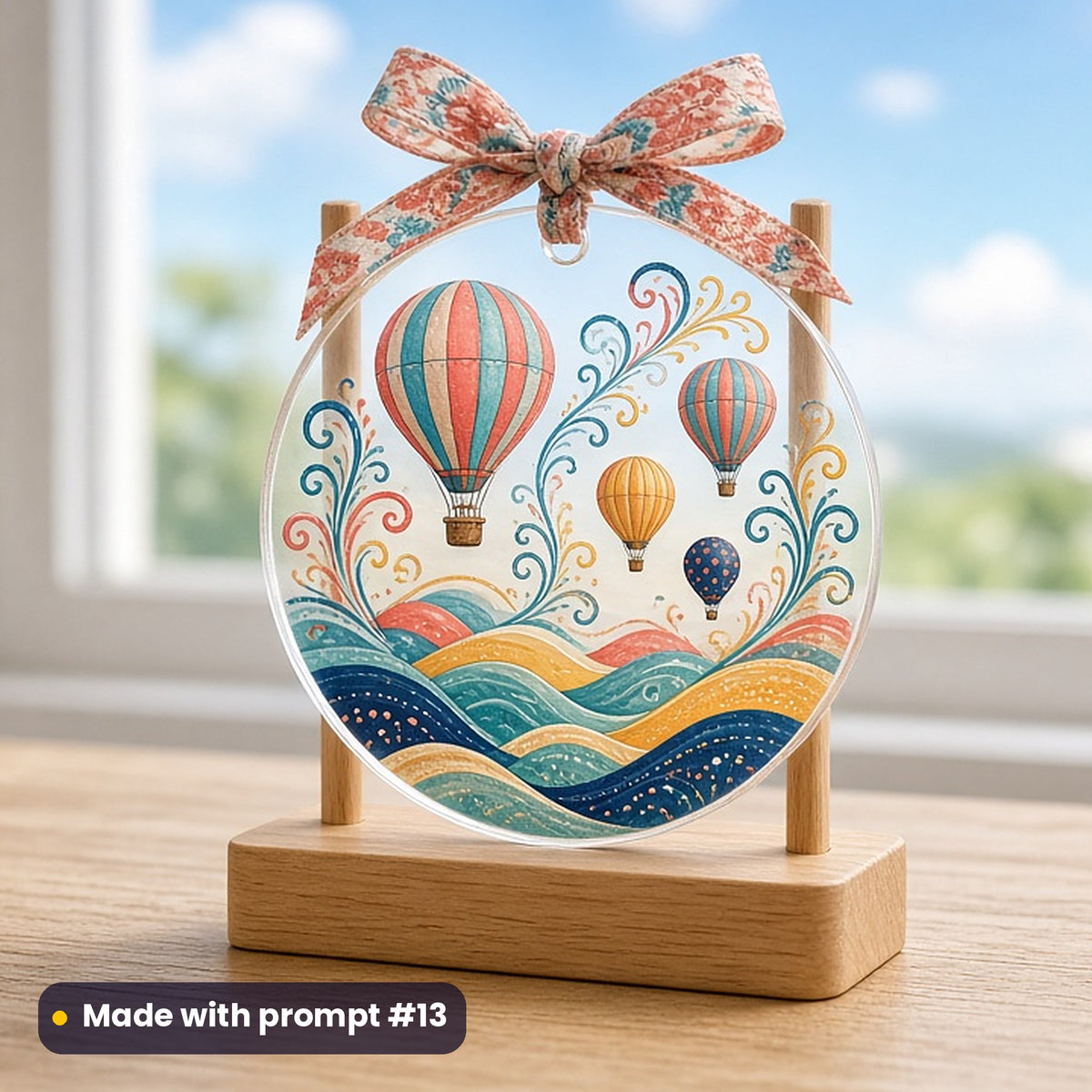 International Day of Happiness artwork printed on a UV-printed clear acrylic ornament: hot-air balloons drifting over hills, gothic romantic style, made with prompt #13 from this pack