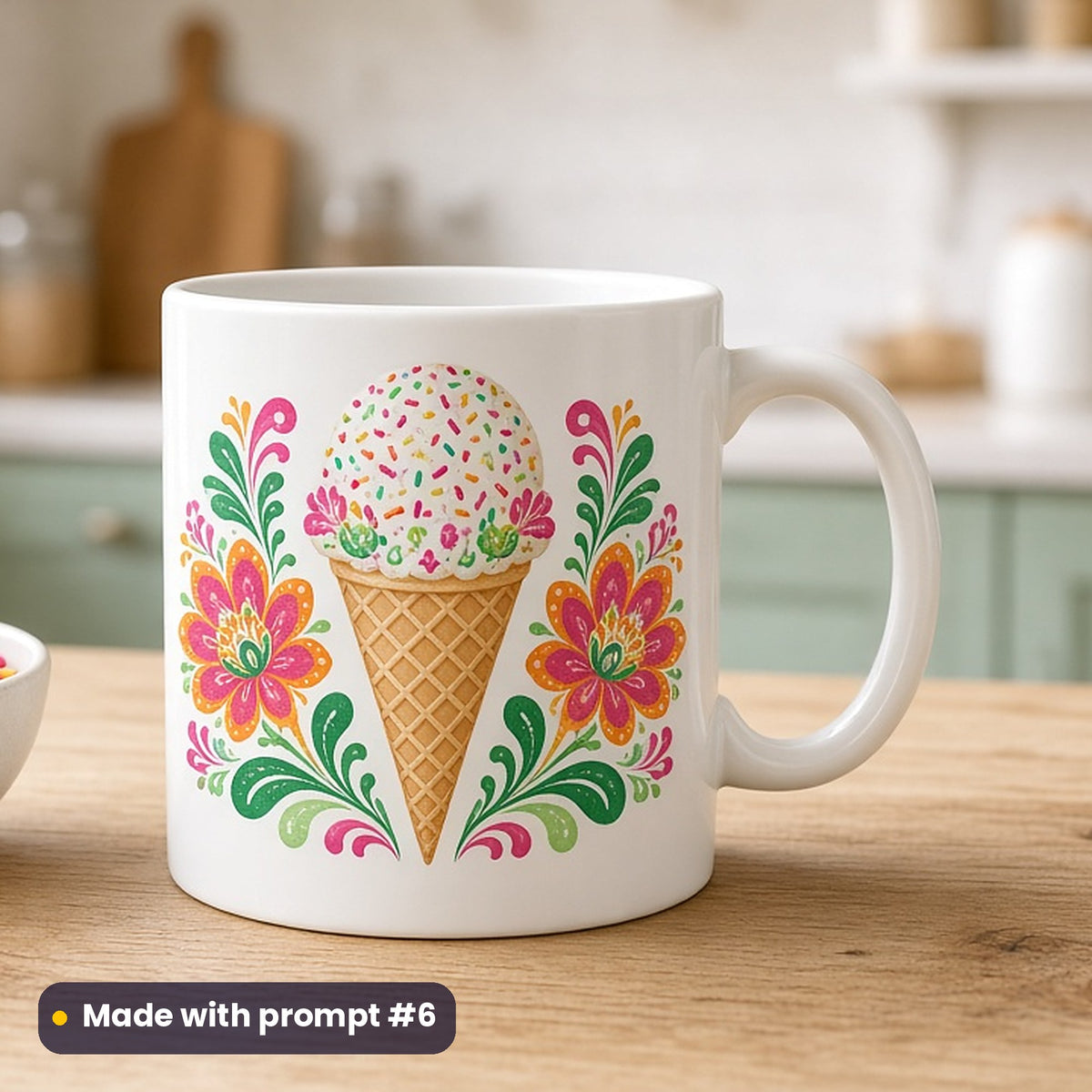 International Day of Happiness artwork printed on a UV-printed ceramic mug: ice-cream cone with rainbow sprinkles, folk art style, made with prompt #6 from this pack