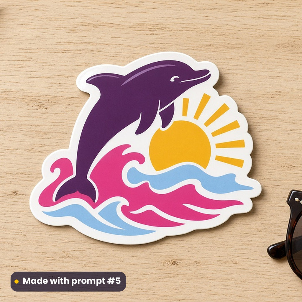 International Day of Happiness artwork printed on a die-cut vinyl sticker: dolphin leaping through a sunny wave, minimal bold graphic style, made with prompt #5 from this pack