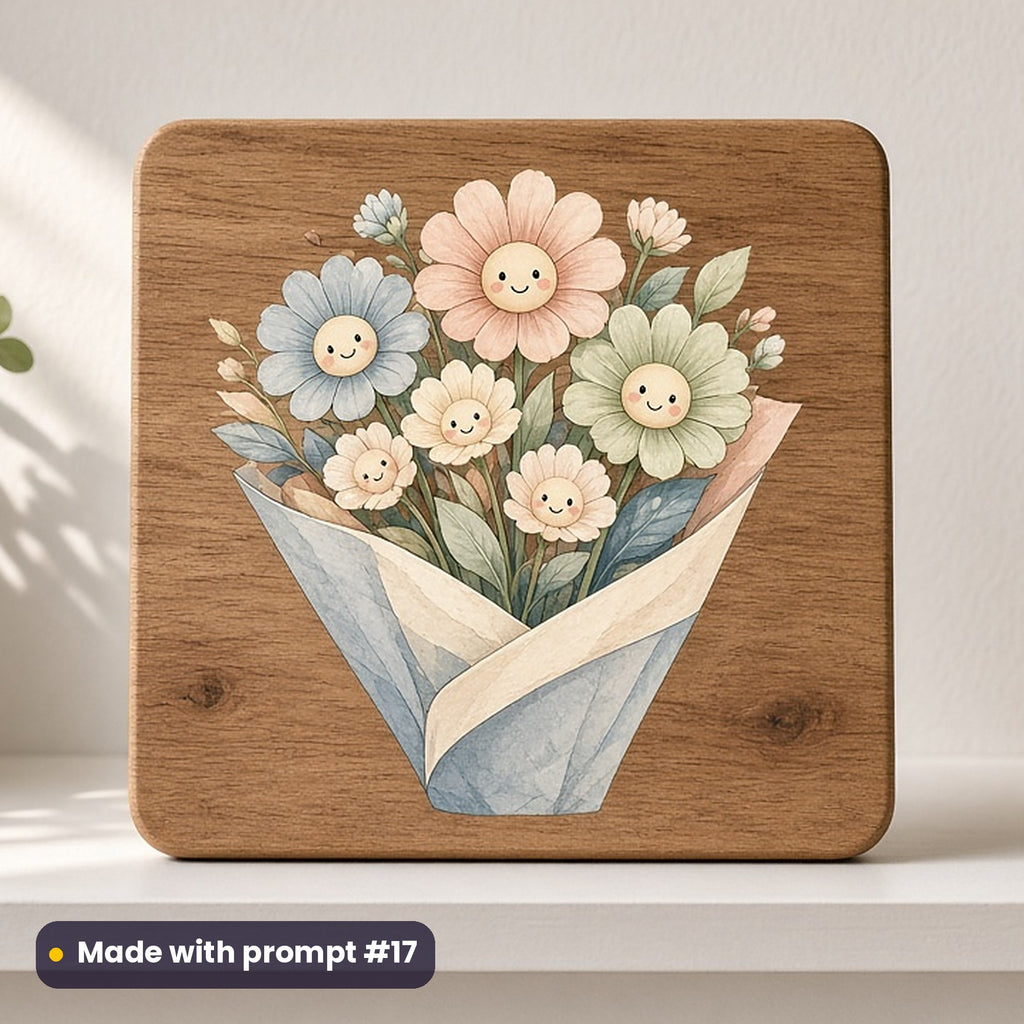 International Day of Happiness artwork printed on a UV-printed wooden plaque: smiling flower bouquet characters, whimsical storybook style, made with prompt #17 from this pack