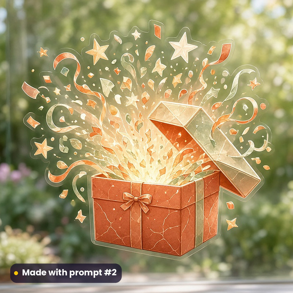 International Day of Happiness artwork printed on a UV DTF decal on glass: confetti bursting from a gift box, fantasy luminous style, made with prompt #2 from this pack