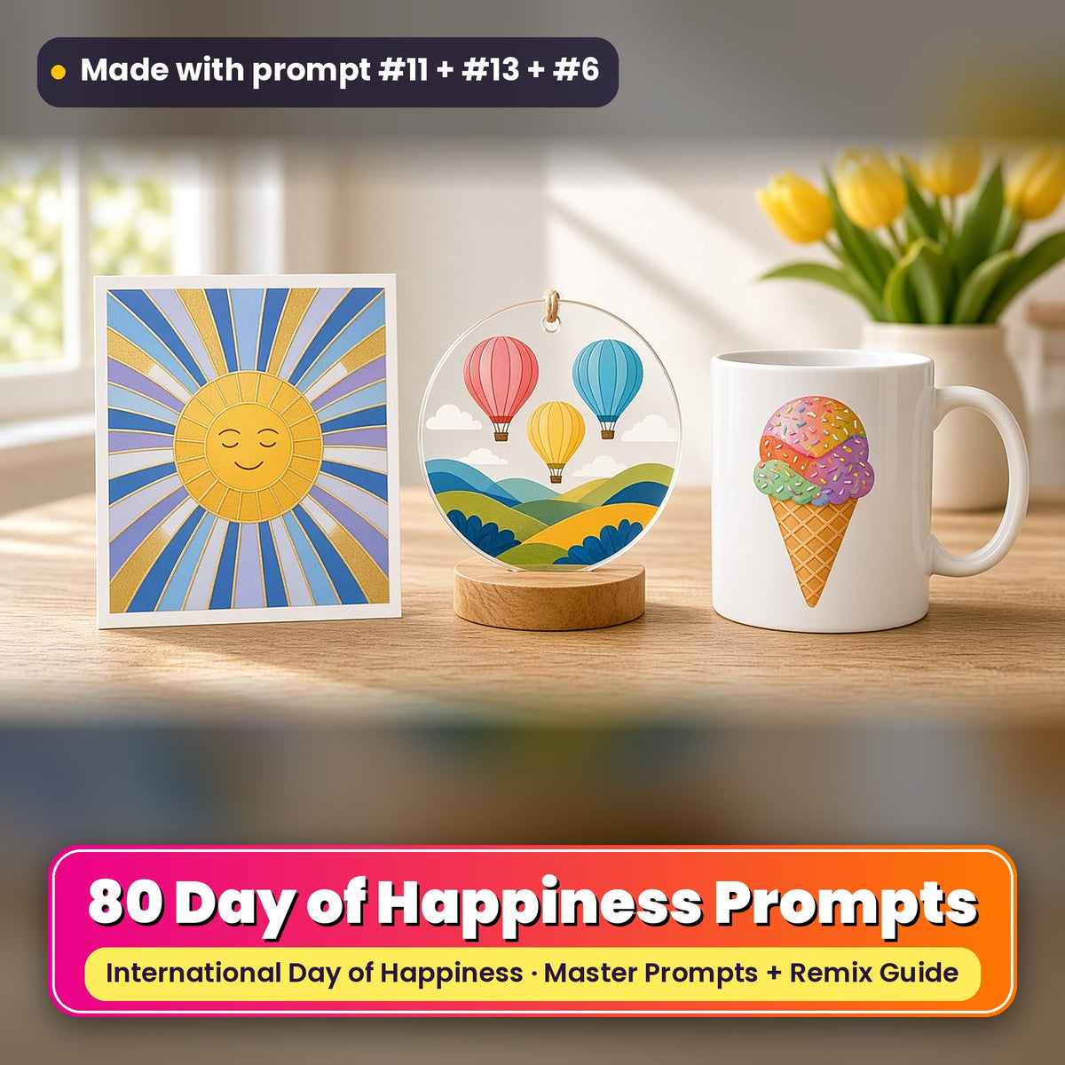 International Day of Happiness prompt pack: 80 master prompts + Remix Guide, with a UV-printed greeting card, acrylic ornament and mug set made with prompts #11, #13 and #6