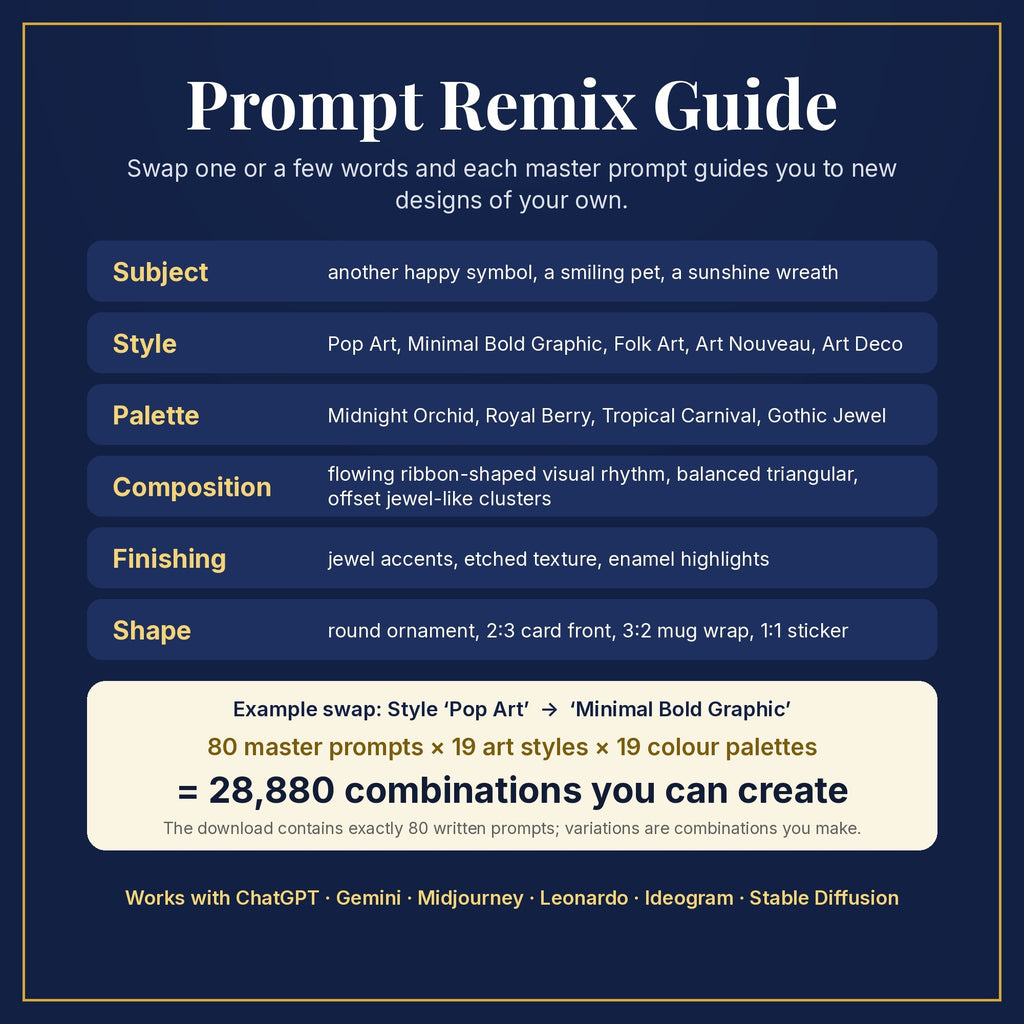 Prompt Remix Guide: swap subject, style, palette, composition, finishing and shape; 80 master prompts × 19 styles × 19 palettes = 28,880 combinations you can create