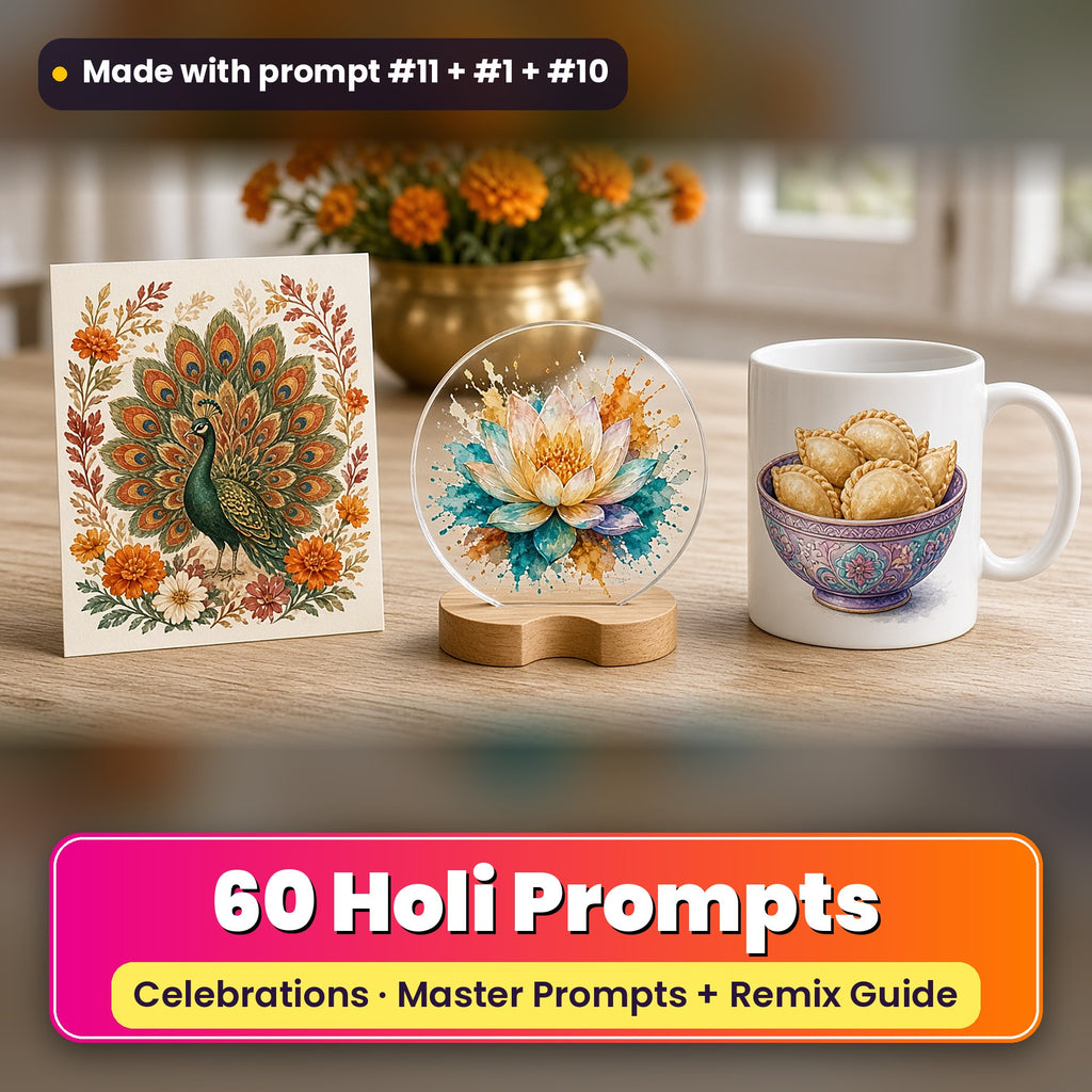 Holi prompt pack: 60 master prompts + Remix Guide, with a UV-printed greeting card, acrylic ornament and mug set made with prompts #11, #1 and #10