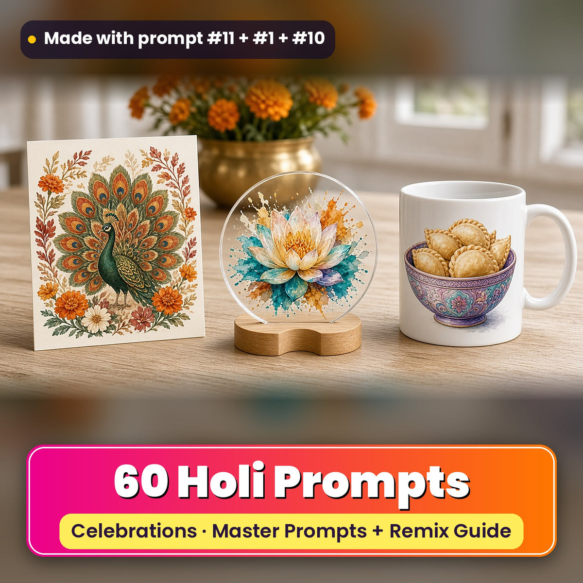 Holi prompt pack: 60 master prompts + Remix Guide, with a UV-printed greeting card, acrylic ornament and mug set made with prompts #11, #1 and #10