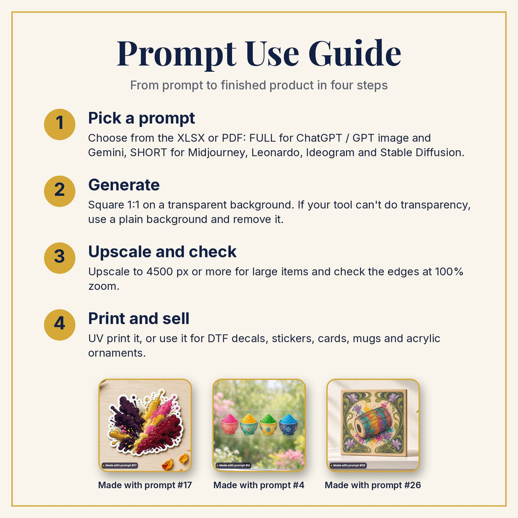 Prompt Use Guide: pick a prompt, generate, upscale and check, then print and sell, with example products made with prompts #17, #4 and #26