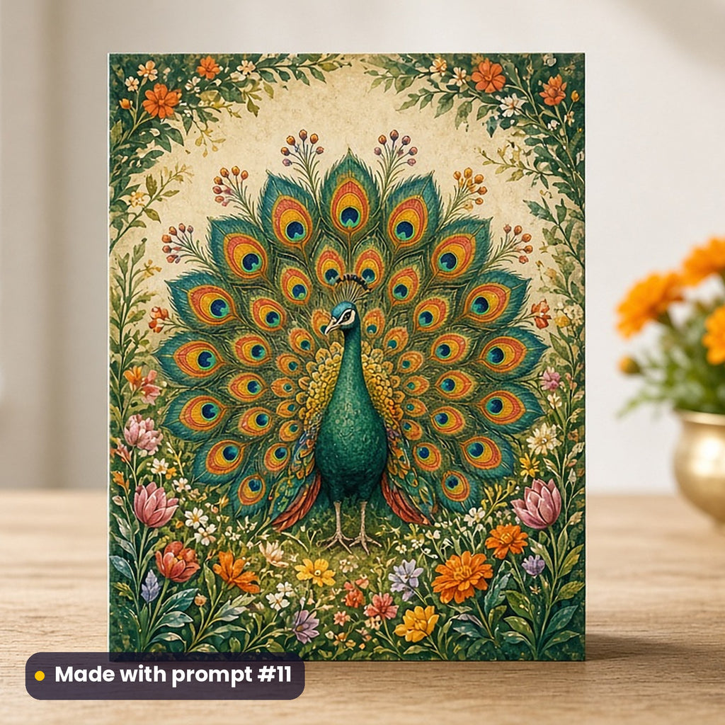 Holi artwork printed on a flat-printed greeting card: peacock fanning a rainbow tail, whimsical storybook style, made with prompt #11 from this pack