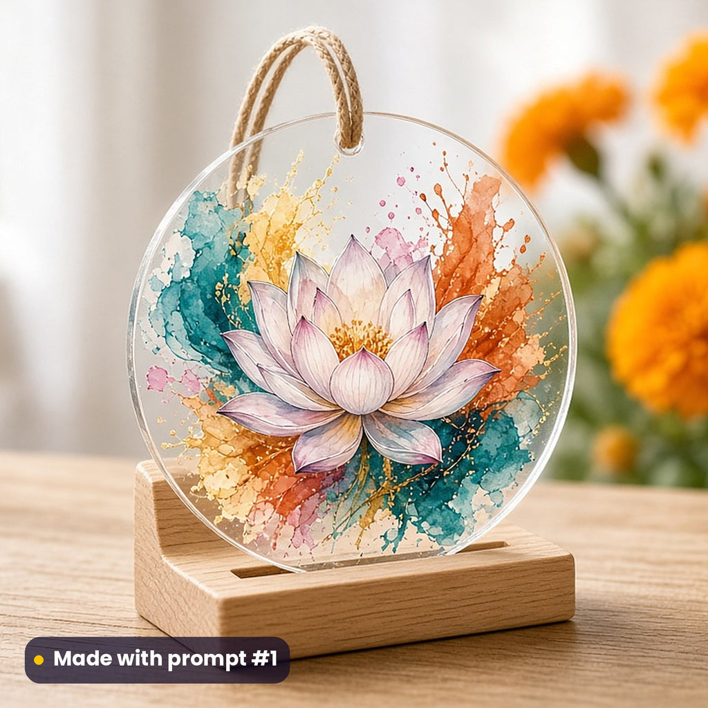 Holi artwork printed on a UV-printed clear acrylic ornament: lotus flower bursting with colour, watercolour & ink style, made with prompt #1 from this pack