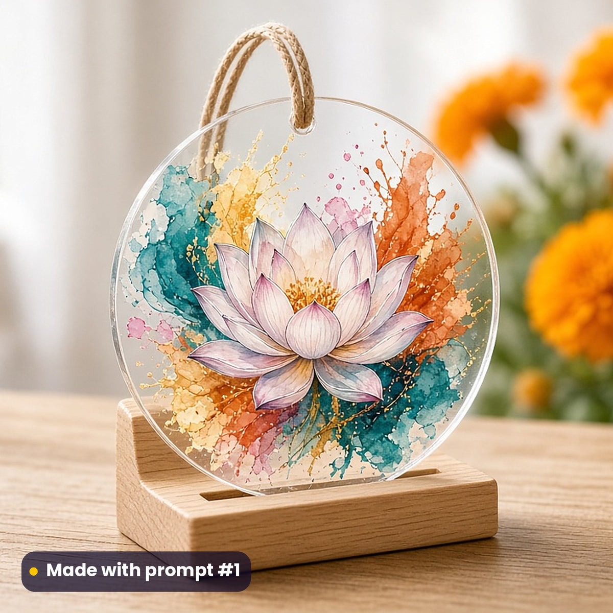Holi artwork printed on a UV-printed clear acrylic ornament: lotus flower bursting with colour, watercolour & ink style, made with prompt #1 from this pack