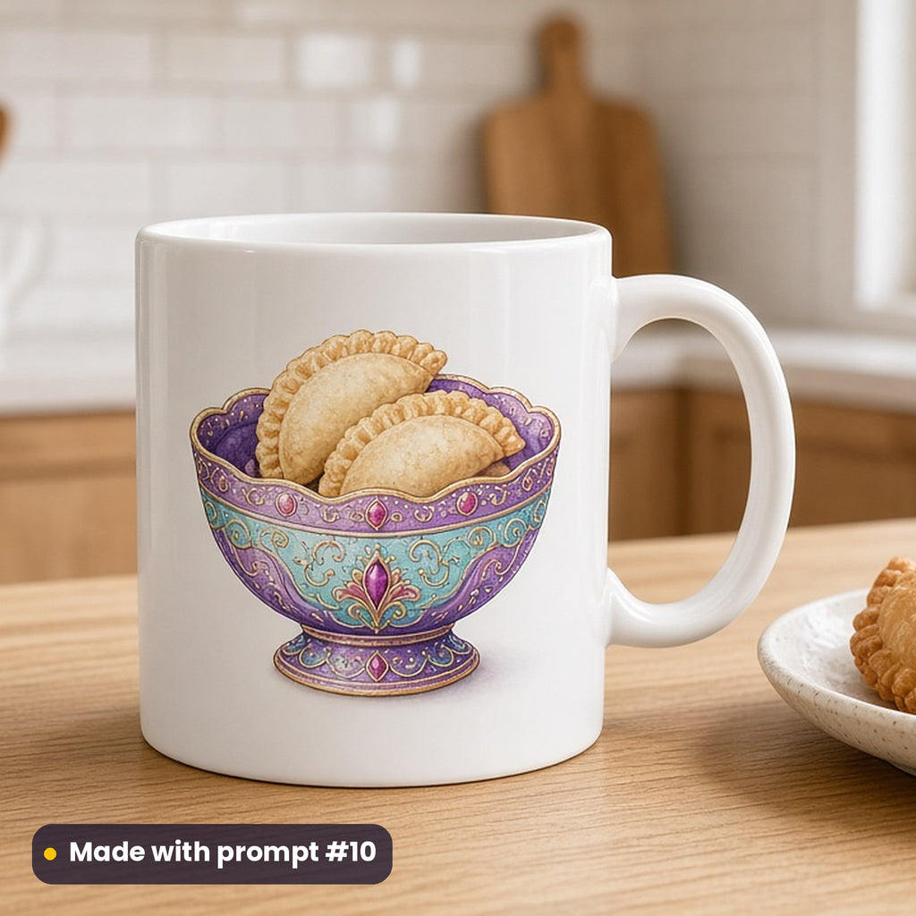 Holi artwork printed on a UV-printed ceramic mug: bowl of gujiya sweet dumplings, luxury enamel & gemstone style, made with prompt #10 from this pack