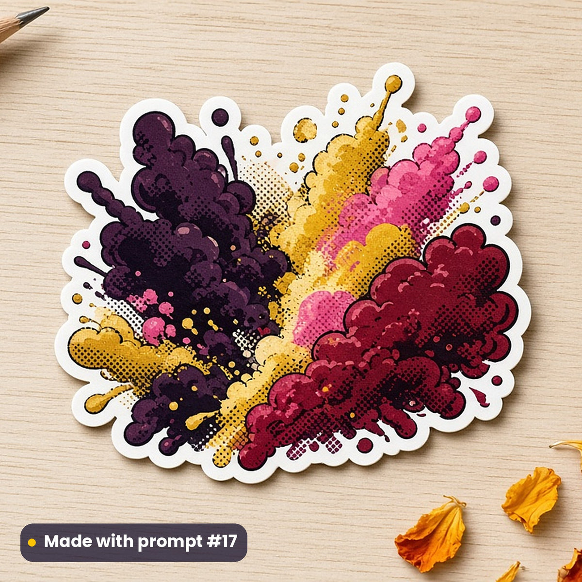 Holi artwork printed on a die-cut vinyl sticker: clouds of colourful powder bursting into the air, pop art style, made with prompt #17 from this pack