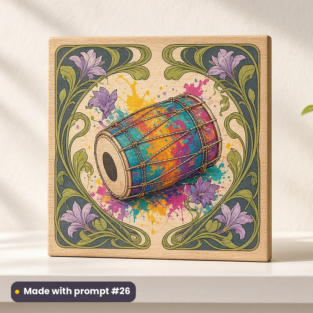 Holi artwork printed on a UV-printed wooden plaque: dhol drum splashed with colour, art nouveau style, made with prompt #26 from this pack