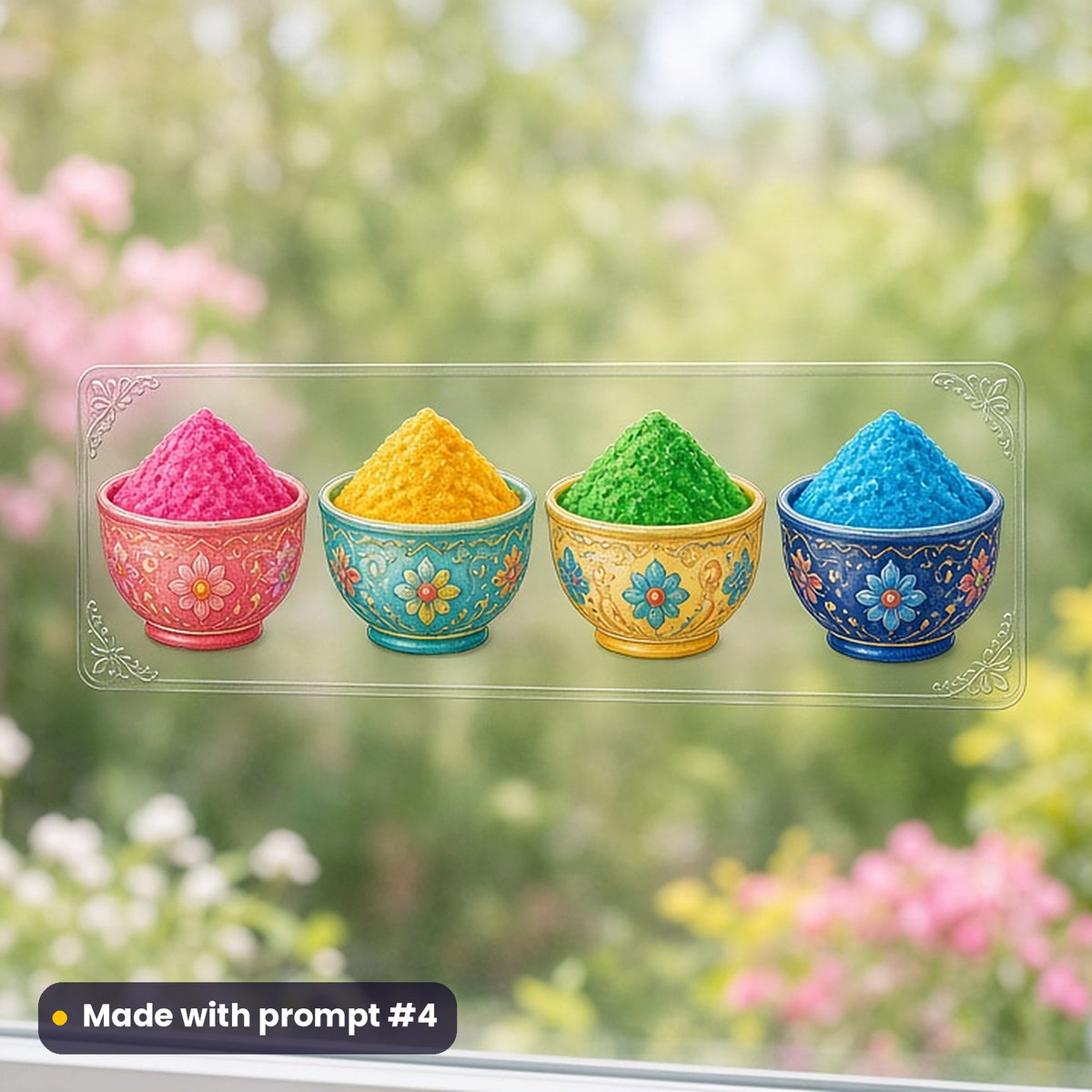 Holi artwork printed on a UV DTF decal on glass: bowls of bright gulal powder in pink, yellow, green and blue, luxury porcelain style, made with prompt #4 from this pack