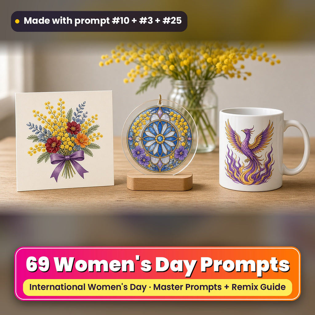 International Women's Day prompt pack: 69 master prompts + Remix Guide, with a UV-printed greeting card, acrylic ornament and mug set made with prompts #10, #3 and #25