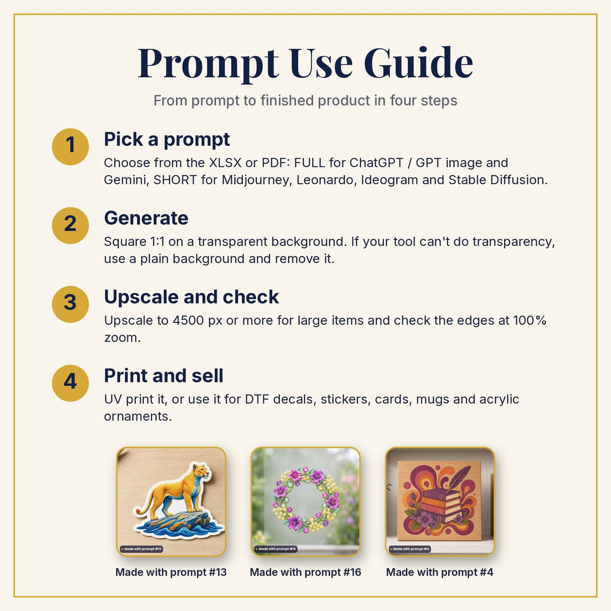Prompt Use Guide: pick a prompt, generate, upscale and check, then print and sell, with example products made with prompts #13, #16 and #4