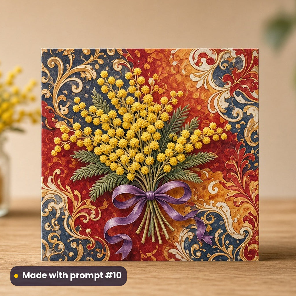 International Women's Day artwork printed on a flat-printed greeting card: bouquet of mimosa flowers tied with a purple ribbon, luxury porcelain style, made with prompt #10 from this pack