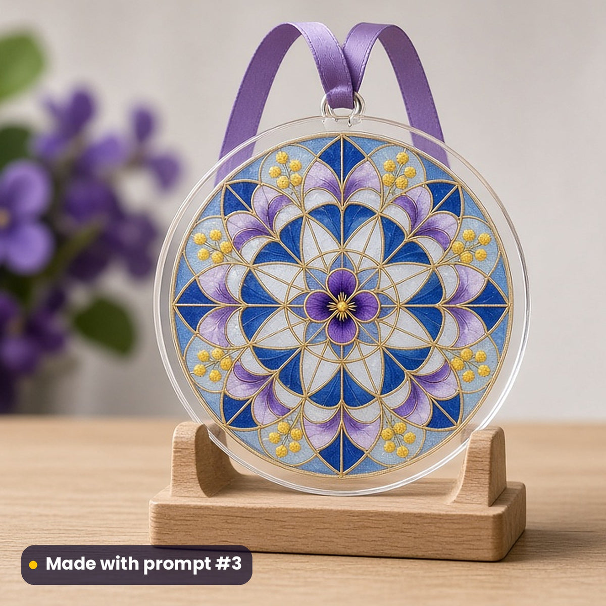 International Women's Day artwork printed on a UV-printed clear acrylic ornament: stained-glass rosette of violets and mimosa, art deco style, made with prompt #3 from this pack