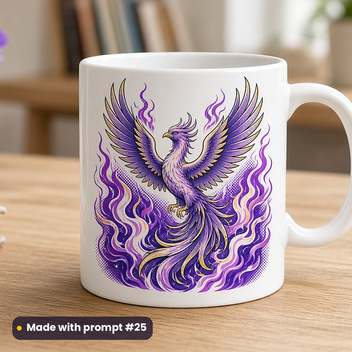 International Women's Day artwork printed on a UV-printed ceramic mug: phoenix rising in purple and gold flames, pop art style, made with prompt #25 from this pack
