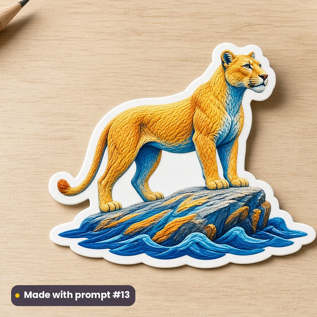 International Women's Day artwork printed on a die-cut vinyl sticker: lioness standing proud on a rock, handcrafted clay illusion style, made with prompt #13 from this pack