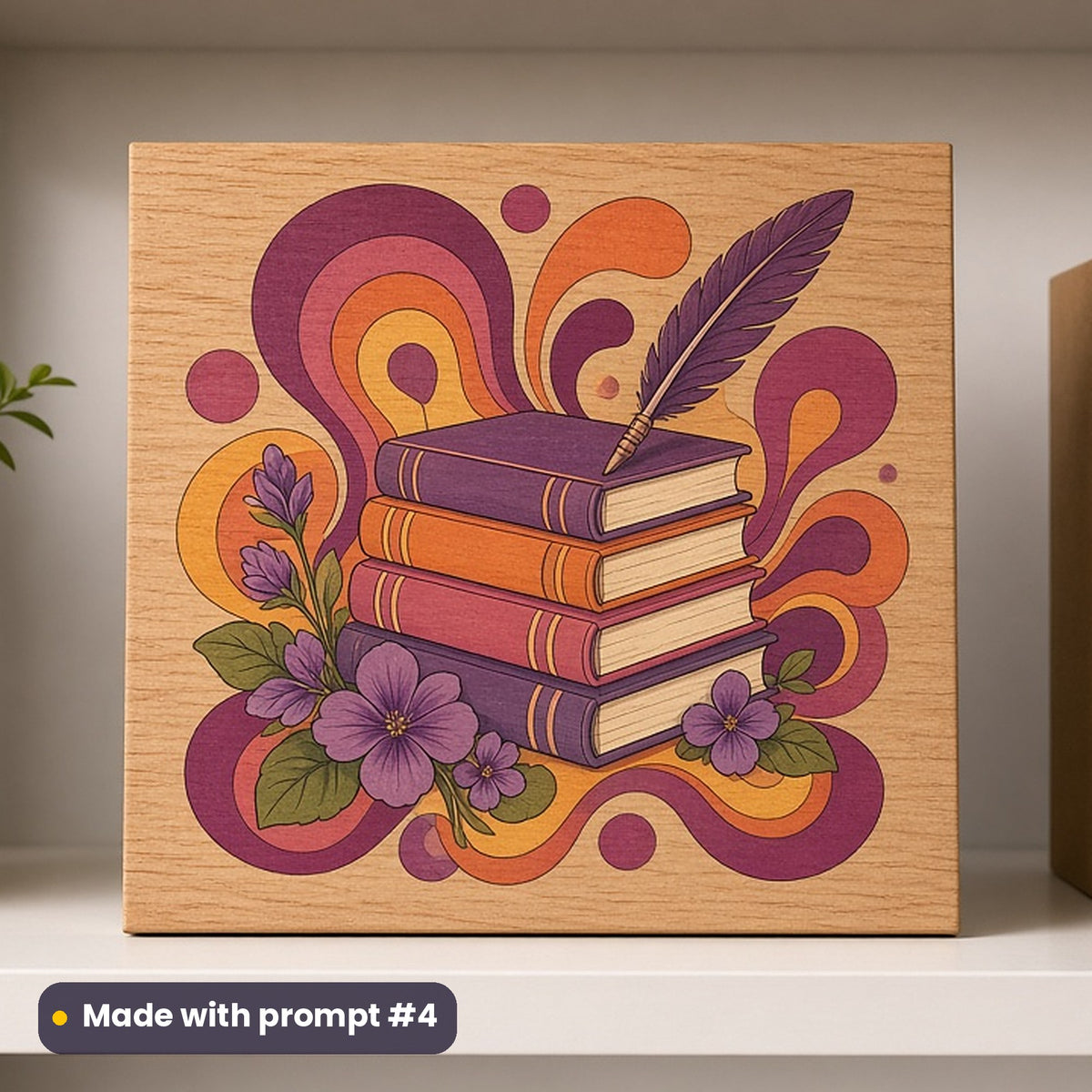 International Women's Day artwork printed on a UV-printed wooden plaque: stack of books with a quill and violets, retro psychedelic style, made with prompt #4 from this pack