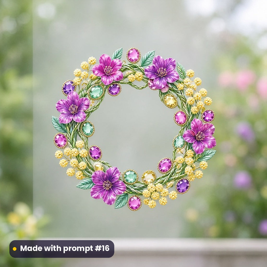 International Women's Day artwork printed on a UV DTF decal on glass: bracelet of woven violets and mimosa, luxury enamel & gemstone style, made with prompt #16 from this pack
