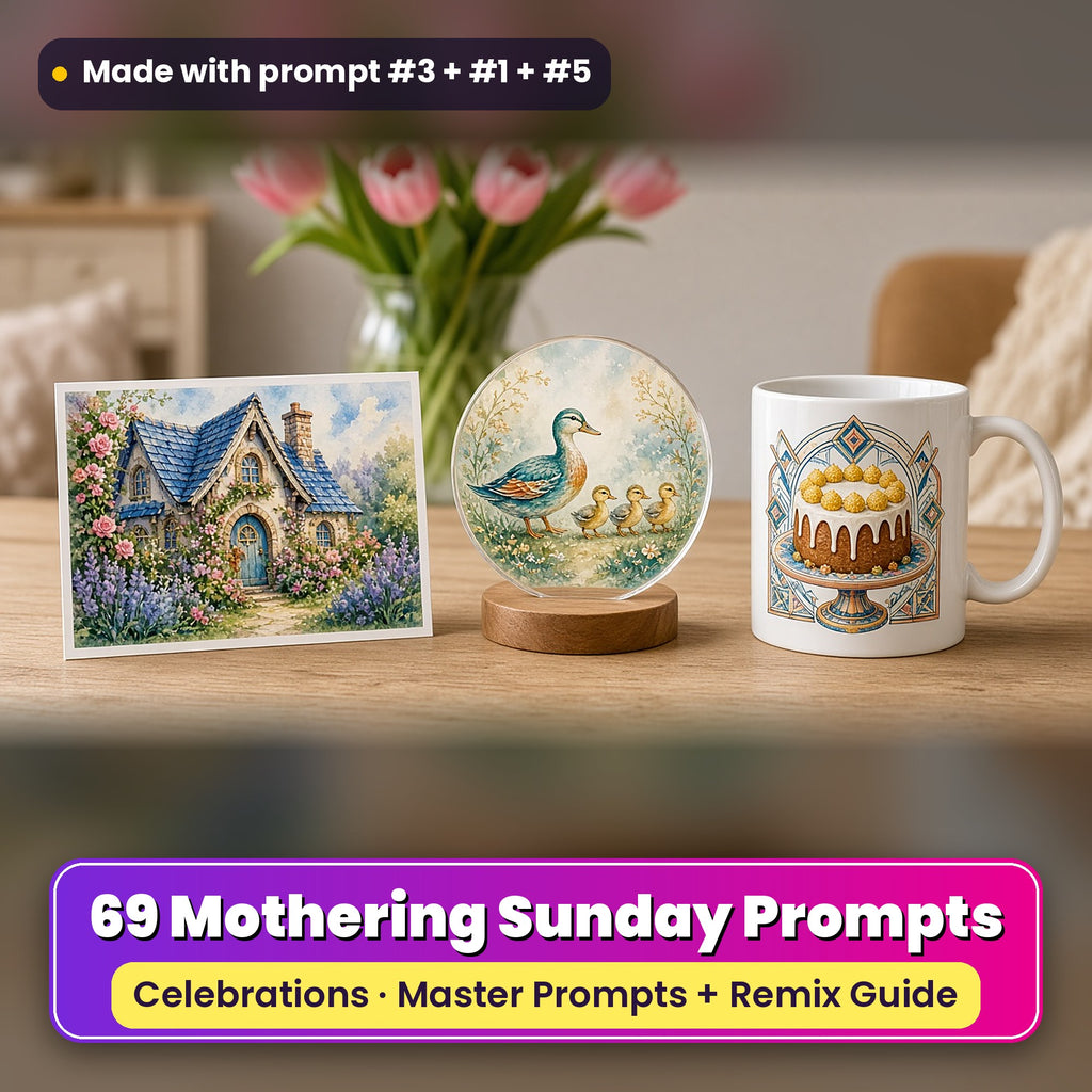Mothering Sunday prompt pack: 69 master prompts + Remix Guide, with a UV-printed greeting card, acrylic ornament and mug set made with prompts #3, #1 and #5