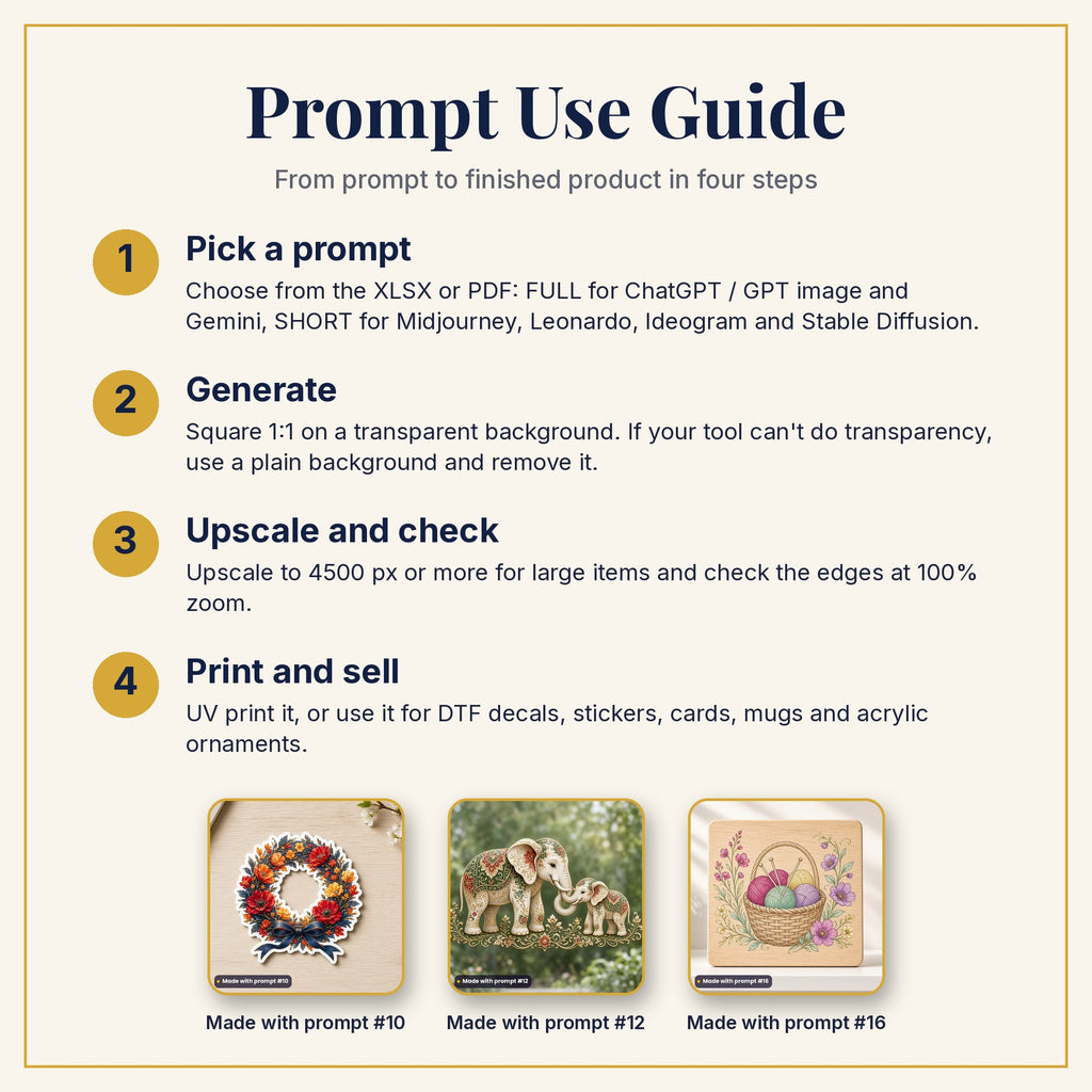 Prompt Use Guide: pick a prompt, generate, upscale and check, then print and sell, with example products made with prompts #10, #12 and #16