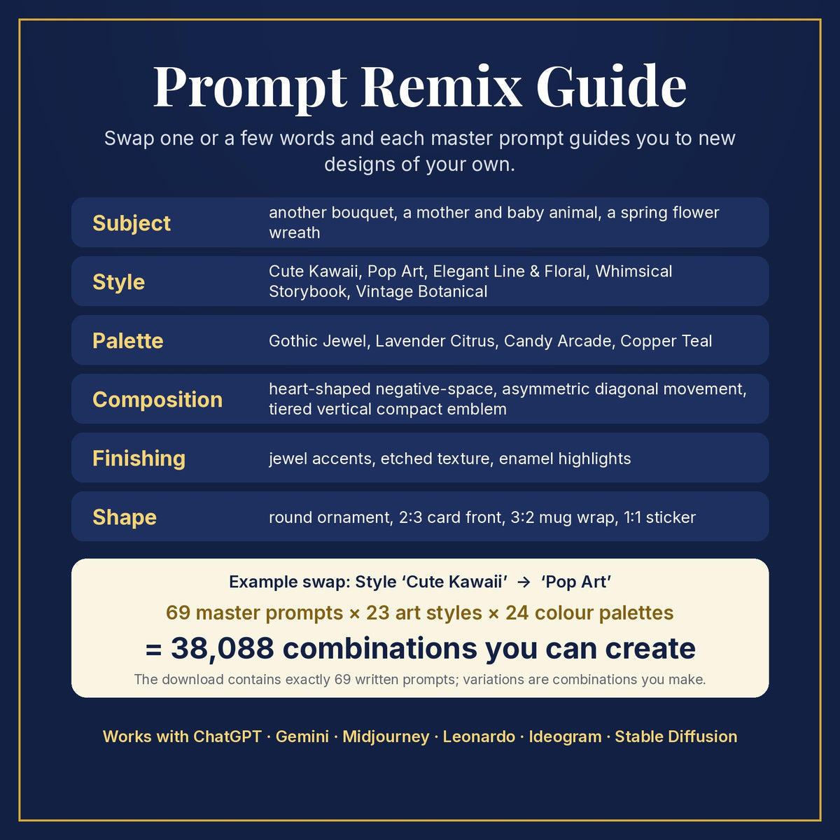 Prompt Remix Guide: swap subject, style, palette, composition, finishing and shape; 69 master prompts × 23 styles × 24 palettes = 38,088 combinations you can create
