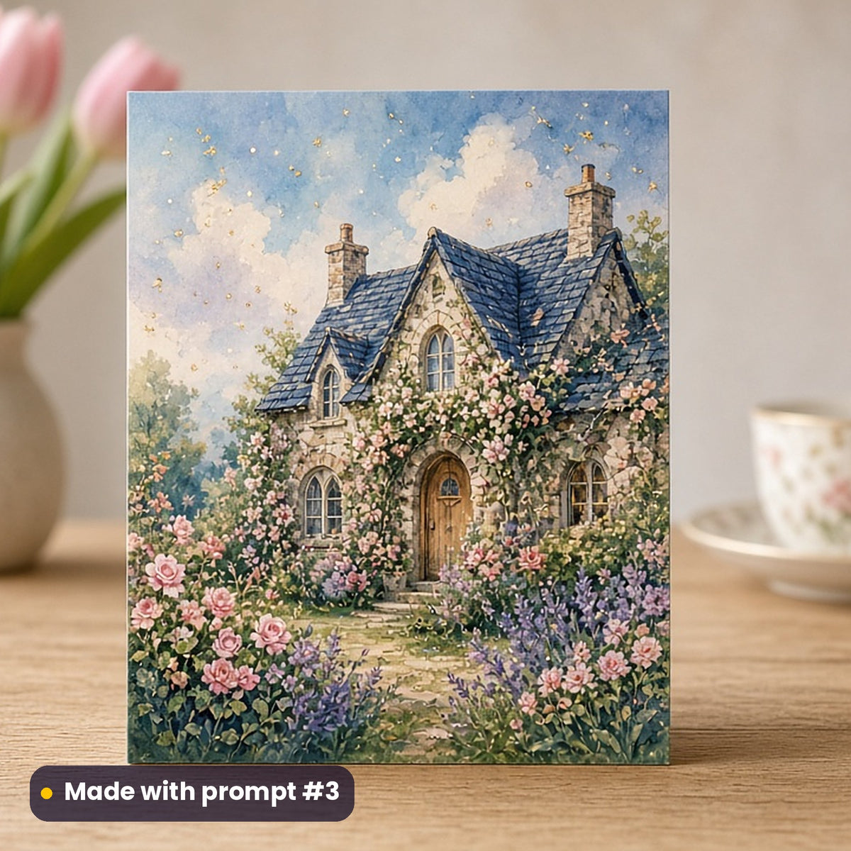 Mothering Sunday artwork printed on a flat-printed greeting card: fairy-tale cottage covered in climbing roses, vintage botanical style, made with prompt #3 from this pack