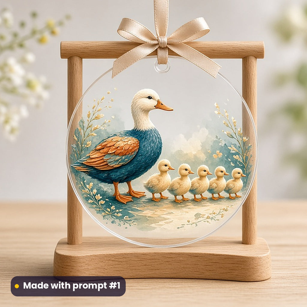 Mothering Sunday artwork printed on a UV-printed clear acrylic ornament: mother duck leading her ducklings, whimsical storybook style, made with prompt #1 from this pack