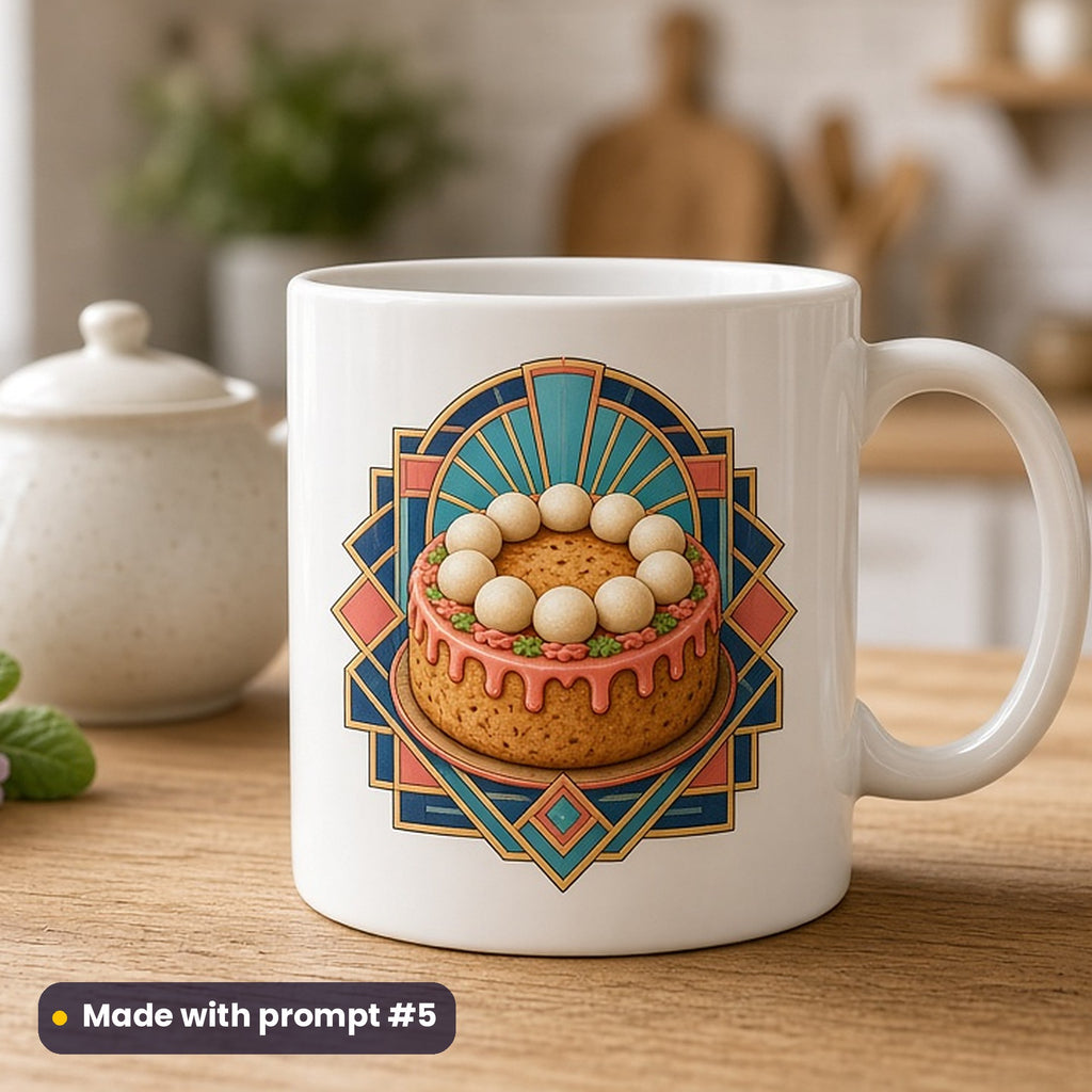 Mothering Sunday artwork printed on a UV-printed ceramic mug: simnel cake with eleven marzipan balls, art deco style, made with prompt #5 from this pack