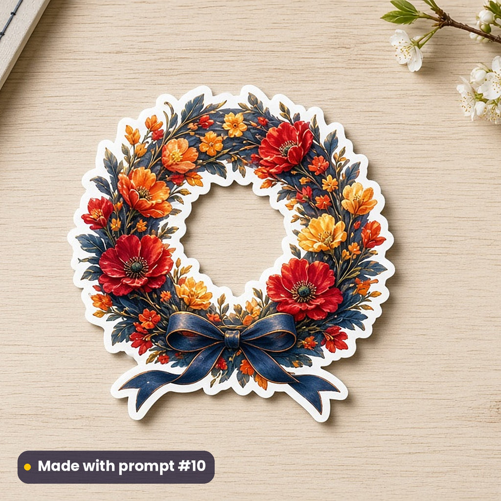 Mothering Sunday artwork printed on a die-cut vinyl sticker: wreath of spring flowers with a ribbon bow, fantasy luminous style, made with prompt #10 from this pack