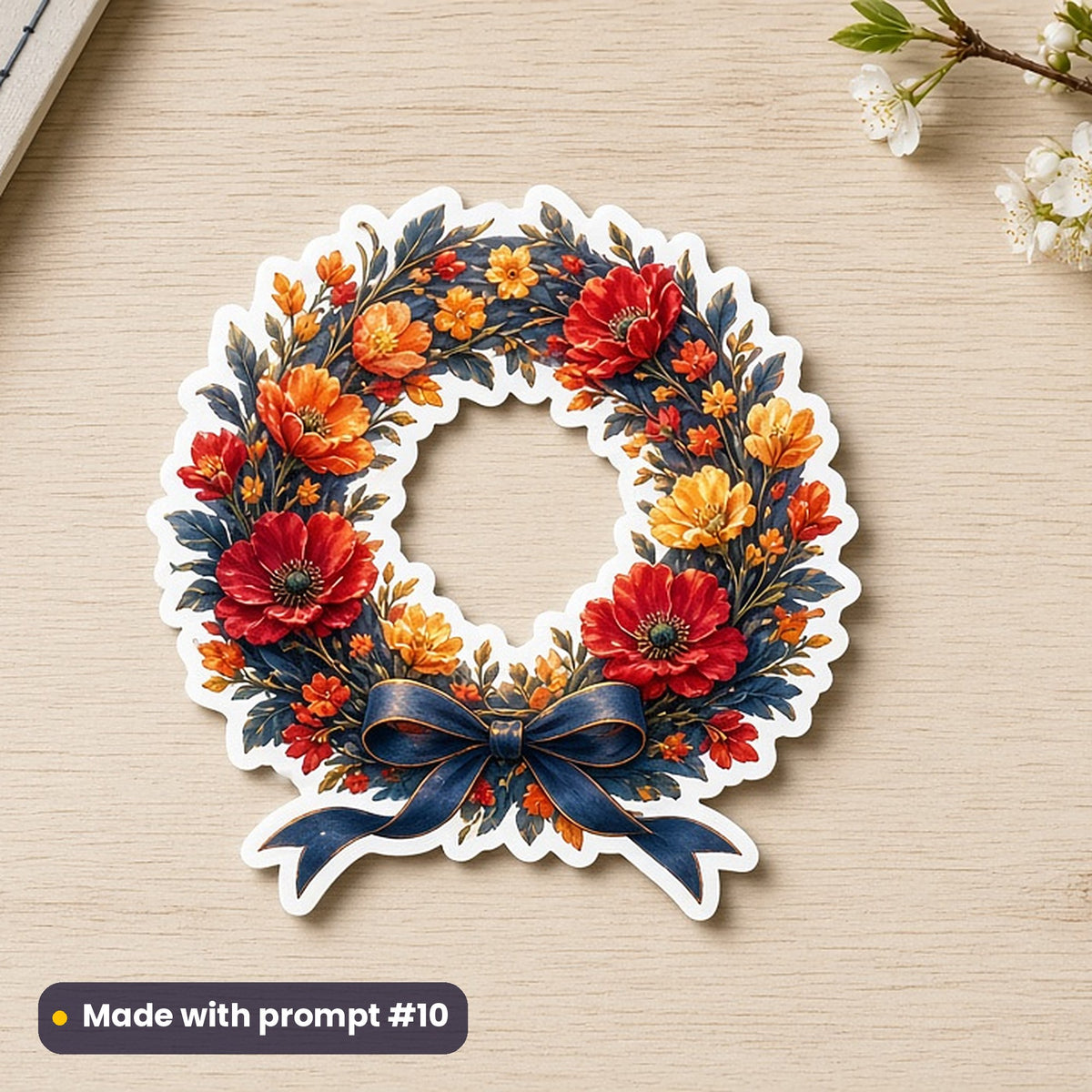 Mothering Sunday artwork printed on a die-cut vinyl sticker: wreath of spring flowers with a ribbon bow, fantasy luminous style, made with prompt #10 from this pack