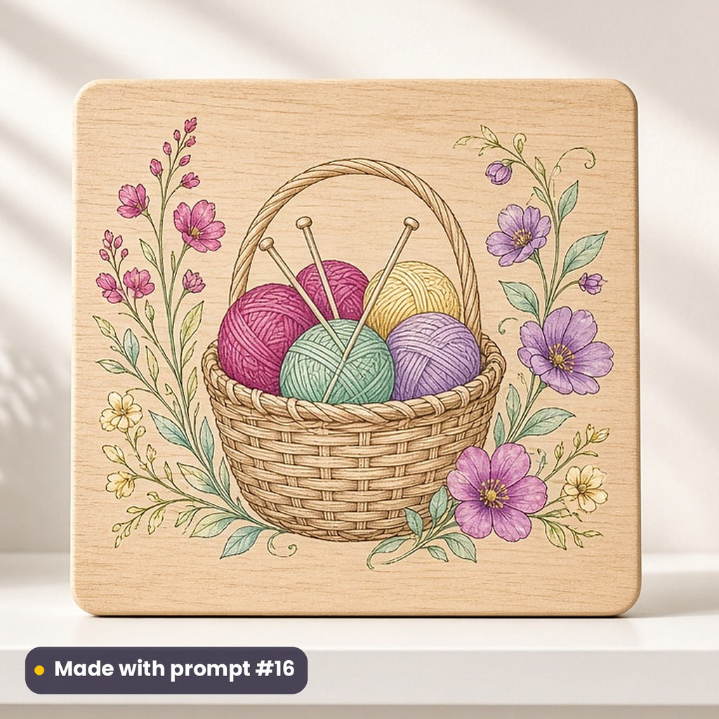 Mothering Sunday artwork printed on a UV-printed wooden plaque: knitting basket with balls of yarn and needles, elegant line & floral style, made with prompt #16 from this pack