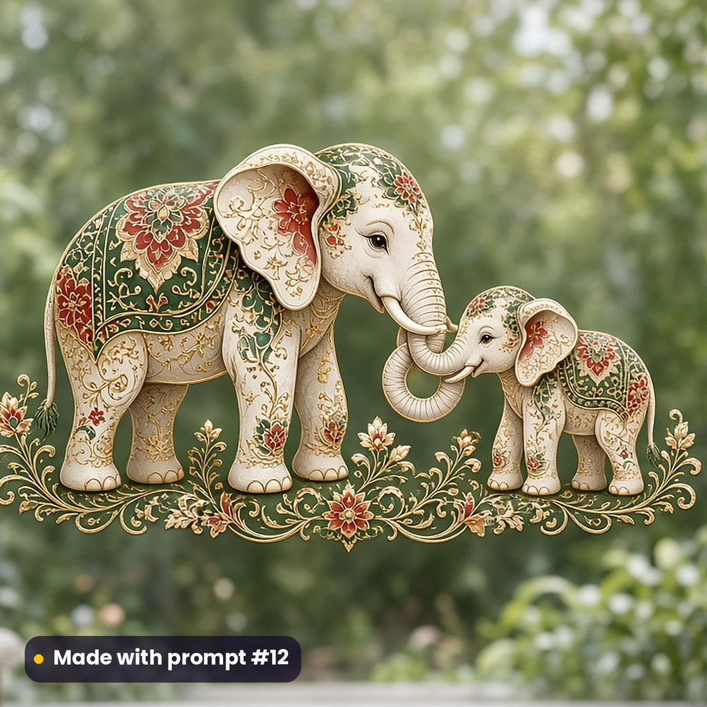 Mothering Sunday artwork printed on a UV DTF decal on glass: mother elephant and baby with trunks entwined, luxury porcelain style, made with prompt #12 from this pack