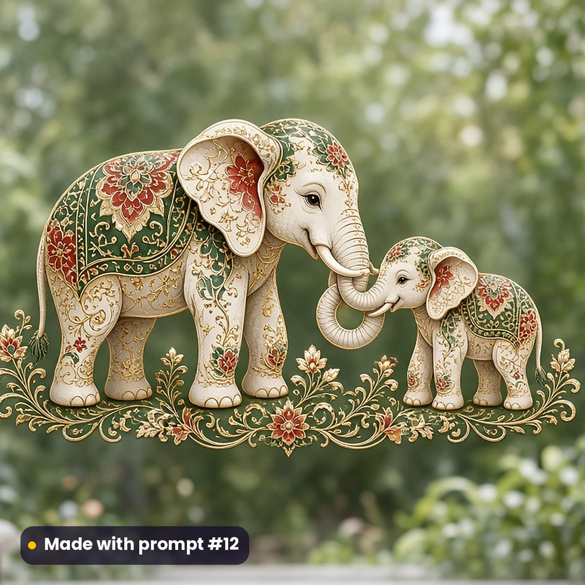 Mothering Sunday artwork printed on a UV DTF decal on glass: mother elephant and baby with trunks entwined, luxury porcelain style, made with prompt #12 from this pack