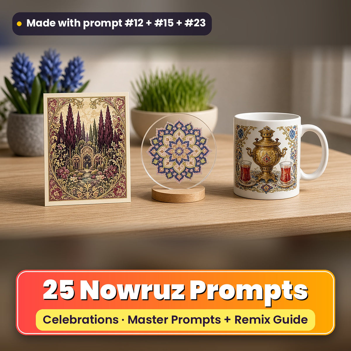 Nowruz prompt pack: 25 master prompts + Remix Guide, with a UV-printed greeting card, acrylic ornament and mug set made with prompts #12, #15 and #23