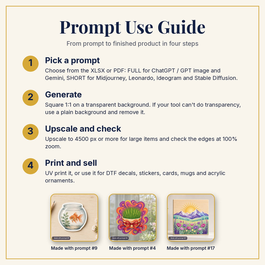 Prompt Use Guide: pick a prompt, generate, upscale and check, then print and sell, with example products made with prompts #9, #4 and #17