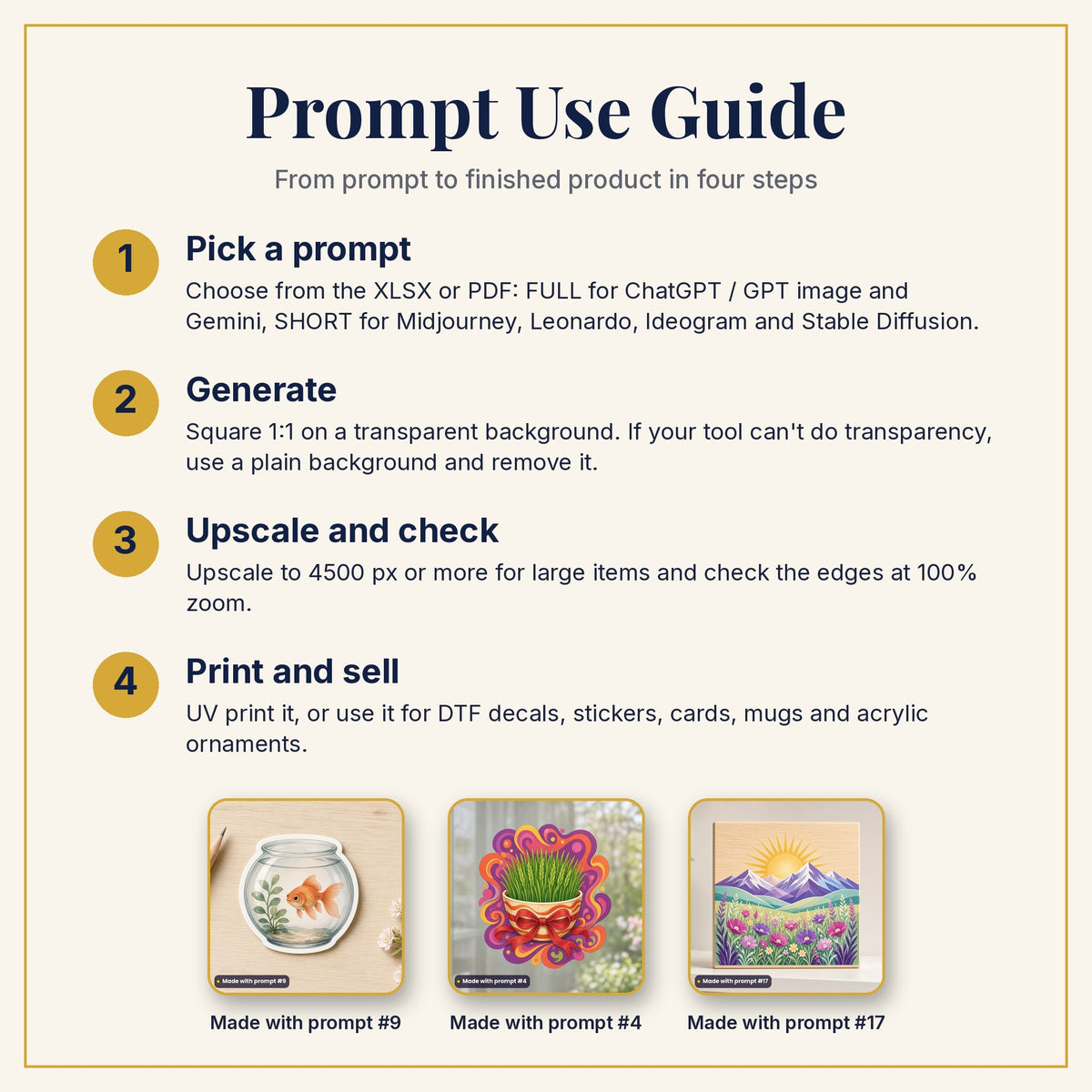 Prompt Use Guide: pick a prompt, generate, upscale and check, then print and sell, with example products made with prompts #9, #4 and #17