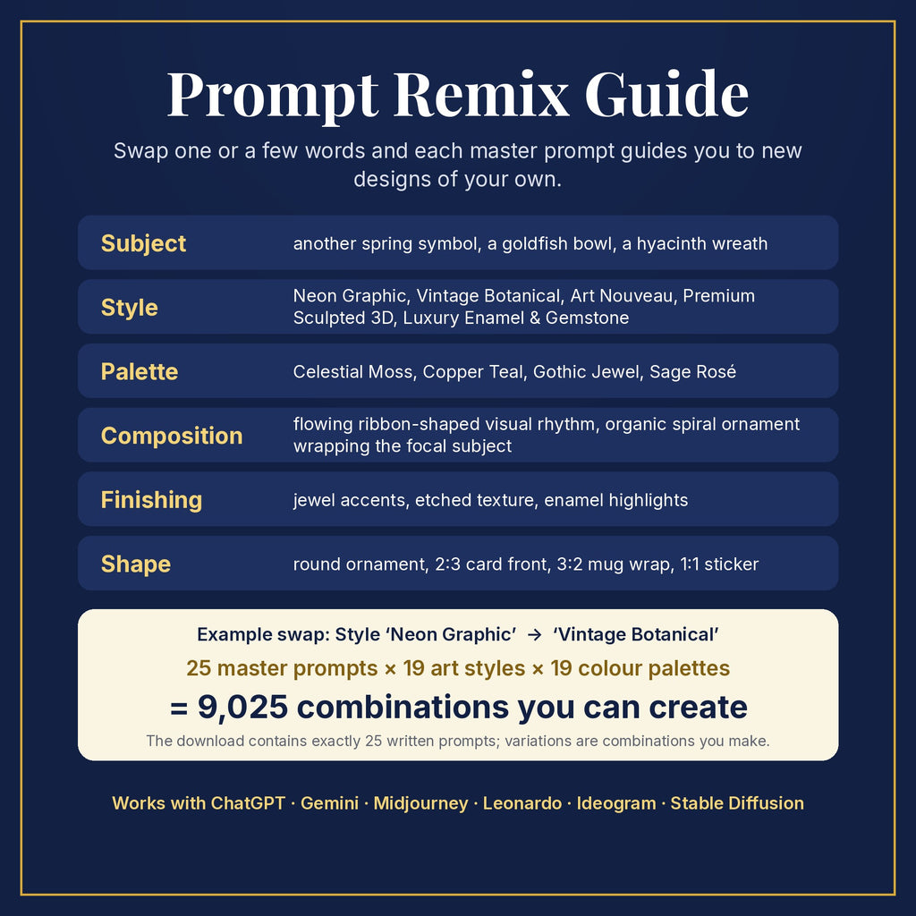 Prompt Remix Guide: swap subject, style, palette, composition, finishing and shape; 25 master prompts × 19 styles × 19 palettes = 9,025 combinations you can create