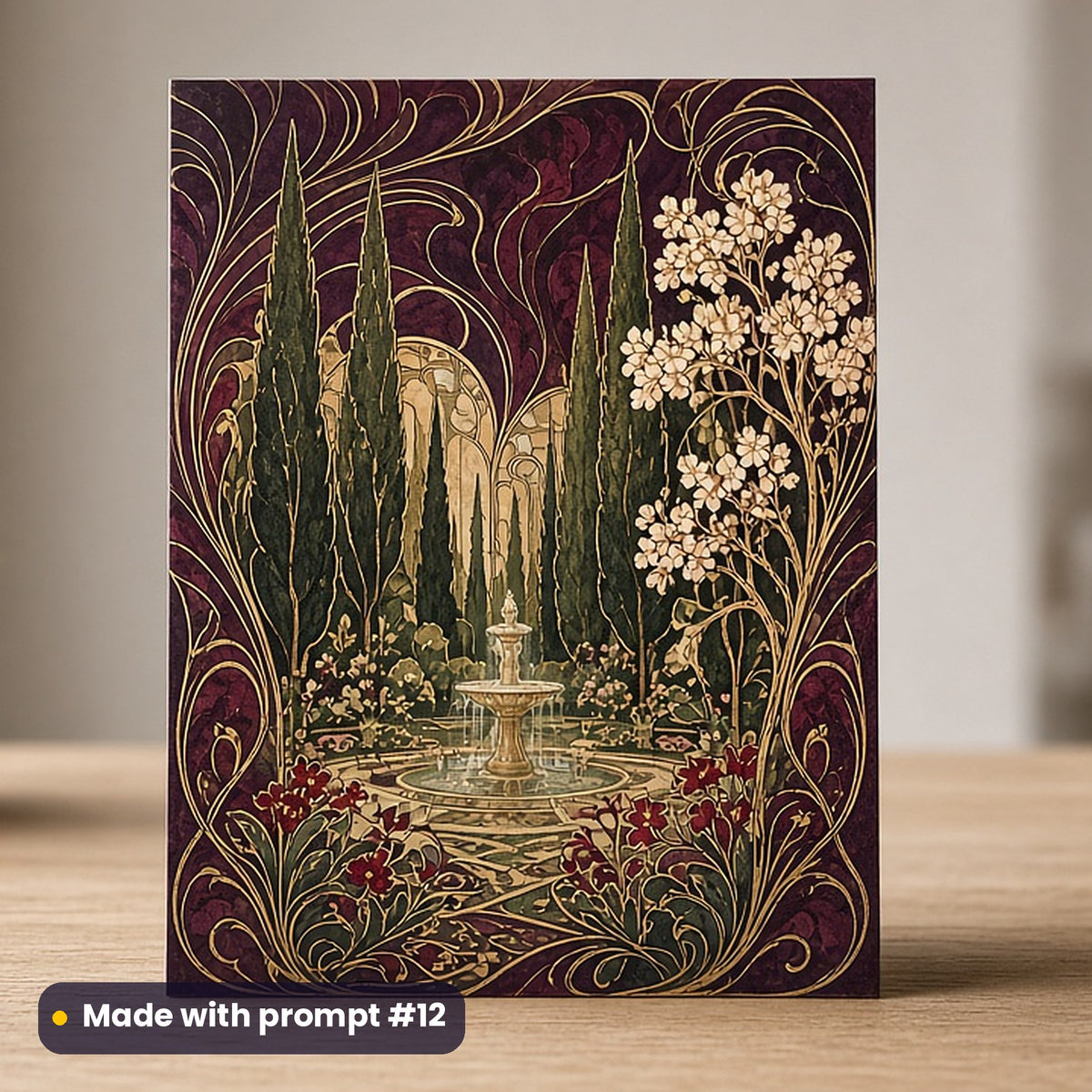 Nowruz artwork printed on a flat-printed greeting card: Persian-style garden with cypress trees, original design, art nouveau style, made with prompt #12 from this pack