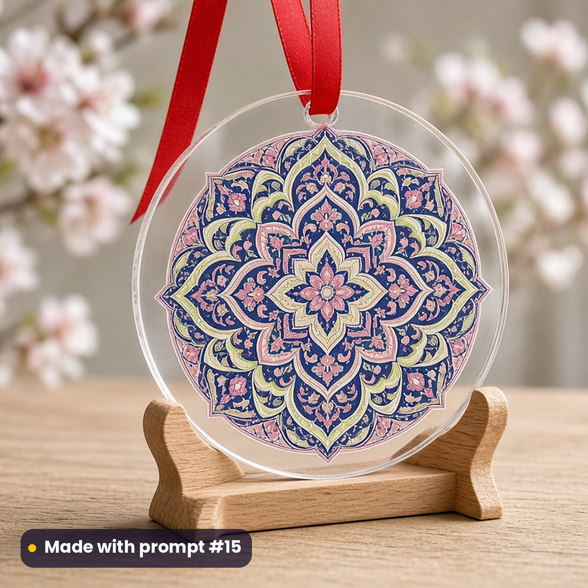 Nowruz artwork printed on a UV-printed clear acrylic ornament: Persian-carpet-inspired medallion pattern, elegant line & floral style, made with prompt #15 from this pack