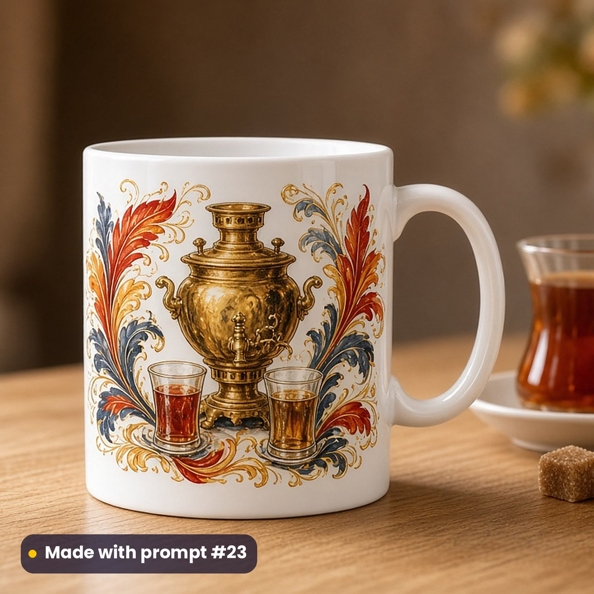 Nowruz artwork printed on a UV-printed ceramic mug: brass samovar with tea glasses, luxury porcelain style, made with prompt #23 from this pack