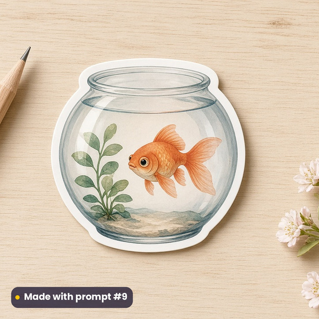 Nowruz artwork printed on a die-cut vinyl sticker: goldfish in a round glass bowl, whimsical storybook style, made with prompt #9 from this pack