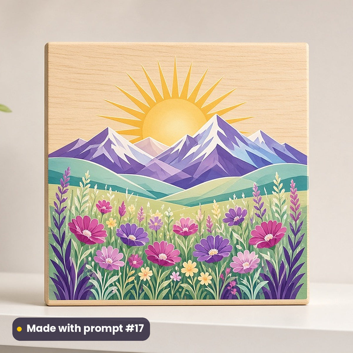 Nowruz artwork printed on a UV-printed wooden plaque: sun rising over snowy mountains at the equinox, luxury enamel & gemstone style, made with prompt #17 from this pack