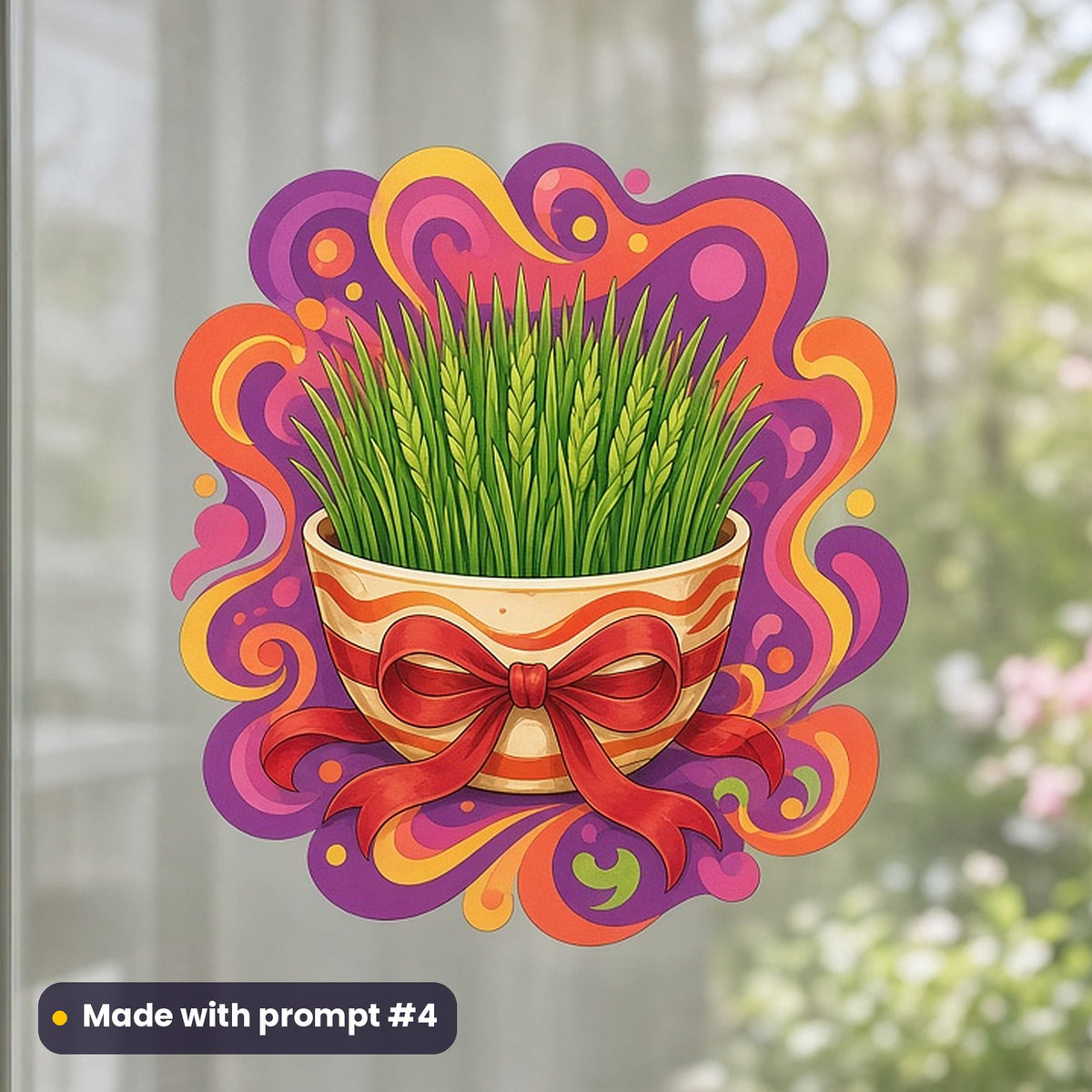 Nowruz artwork printed on a UV DTF decal on glass: bowl of sprouting sabzeh wheatgrass tied with a red ribbon, retro psychedelic style, made with prompt #4 from this pack