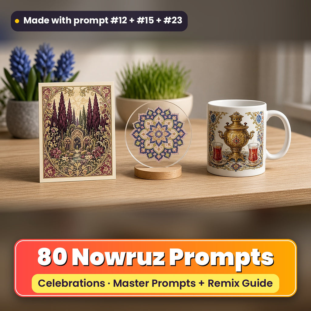 Nowruz prompt pack: 80 master prompts + Remix Guide, with a UV-printed greeting card, acrylic ornament and mug set made with prompts #12, #15 and #23